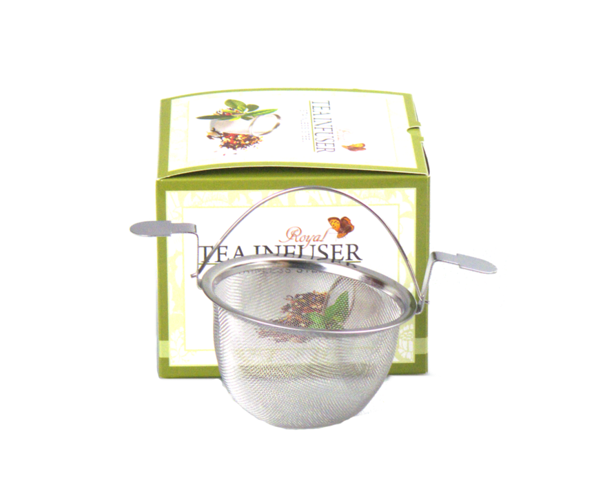 Zaparzacz Carmani 8,5 cm widok z góry – metalowa siatka ze stali nierdzewnej i opakowanie Royal Tea Infuser.