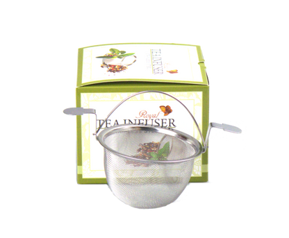 Zaparzacz Carmani 8,5 cm widok z góry – metalowa siatka ze stali nierdzewnej i opakowanie Royal Tea Infuser.