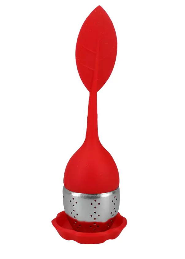 Zaparzacz do herbaty w kształcie jajka z czerwonym silikonowym listkiem i podstawką Carmani.