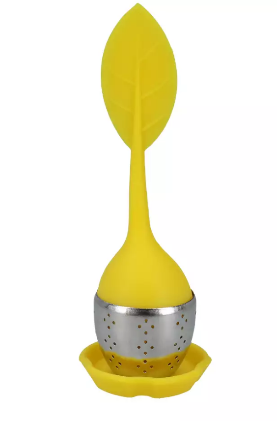 Zaparzacz do herbaty jajko z żółtym silikonowym listkiem i podstawką