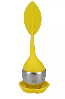 Zaparzacz do herbaty jajko z żółtym silikonowym listkiem i podstawką