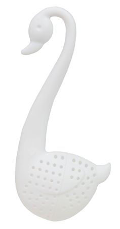 Zbliżenie na silikonowy zaparzacz w formie białego łabędzia z otworami na herbatę.