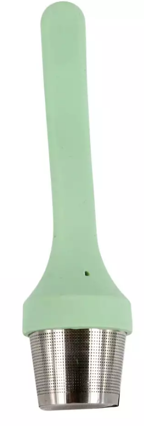 Silikonowy zaparzacz do herbaty z zielonym uchwytem i stalowym sitkiem