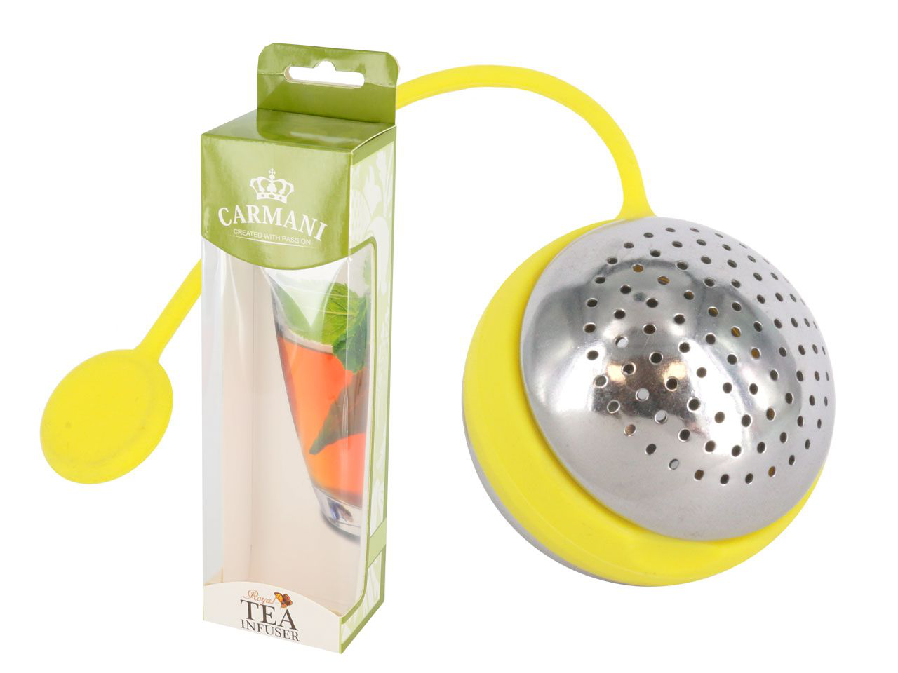 Zaparzacz do herbaty i ziół jajko z uchwytem w kolorze żółtym, zapakowany w pudełko Carmani.