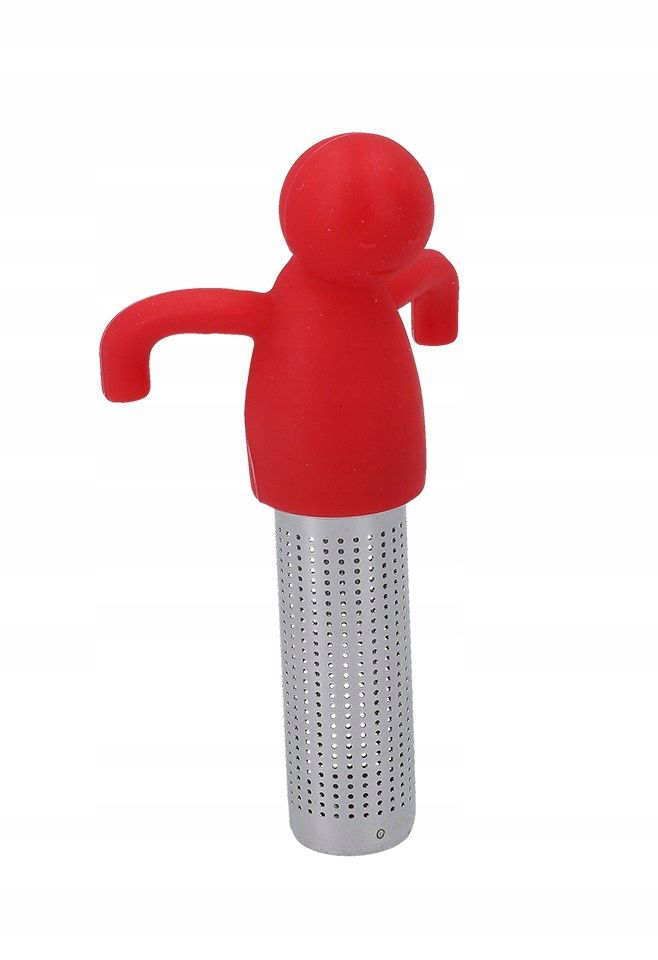 Zaparzacz do herbaty w kształcie czerwonego ludzika z silikonową górą i stalowym sitkiem.