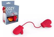 Silikonowy zaparzacz do herbaty czerwone rękawiczki obok opakowania