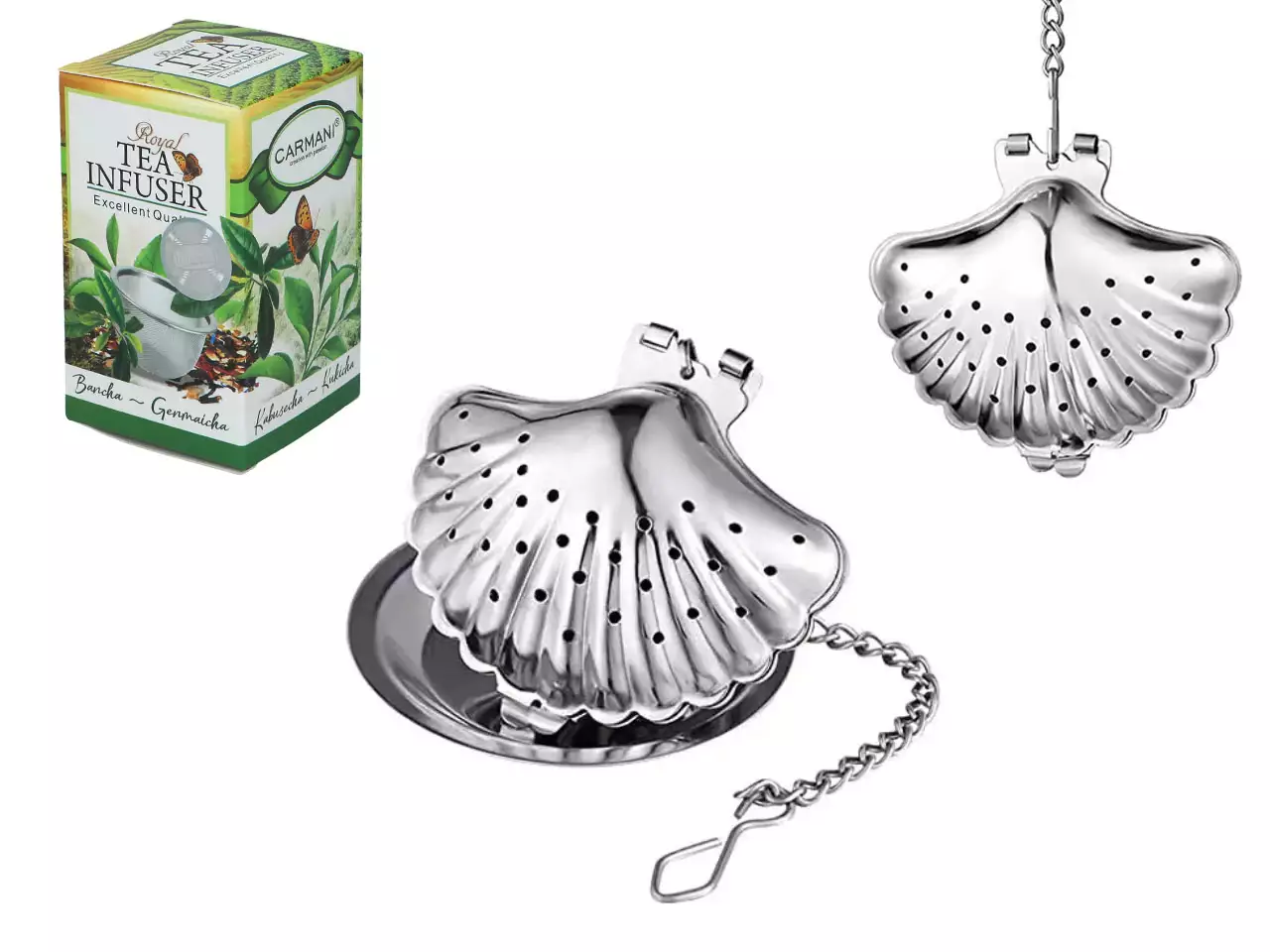 Zbliżenie na zaparzacz do herbaty Muszelka wykonany ze stali nierdzewnej.