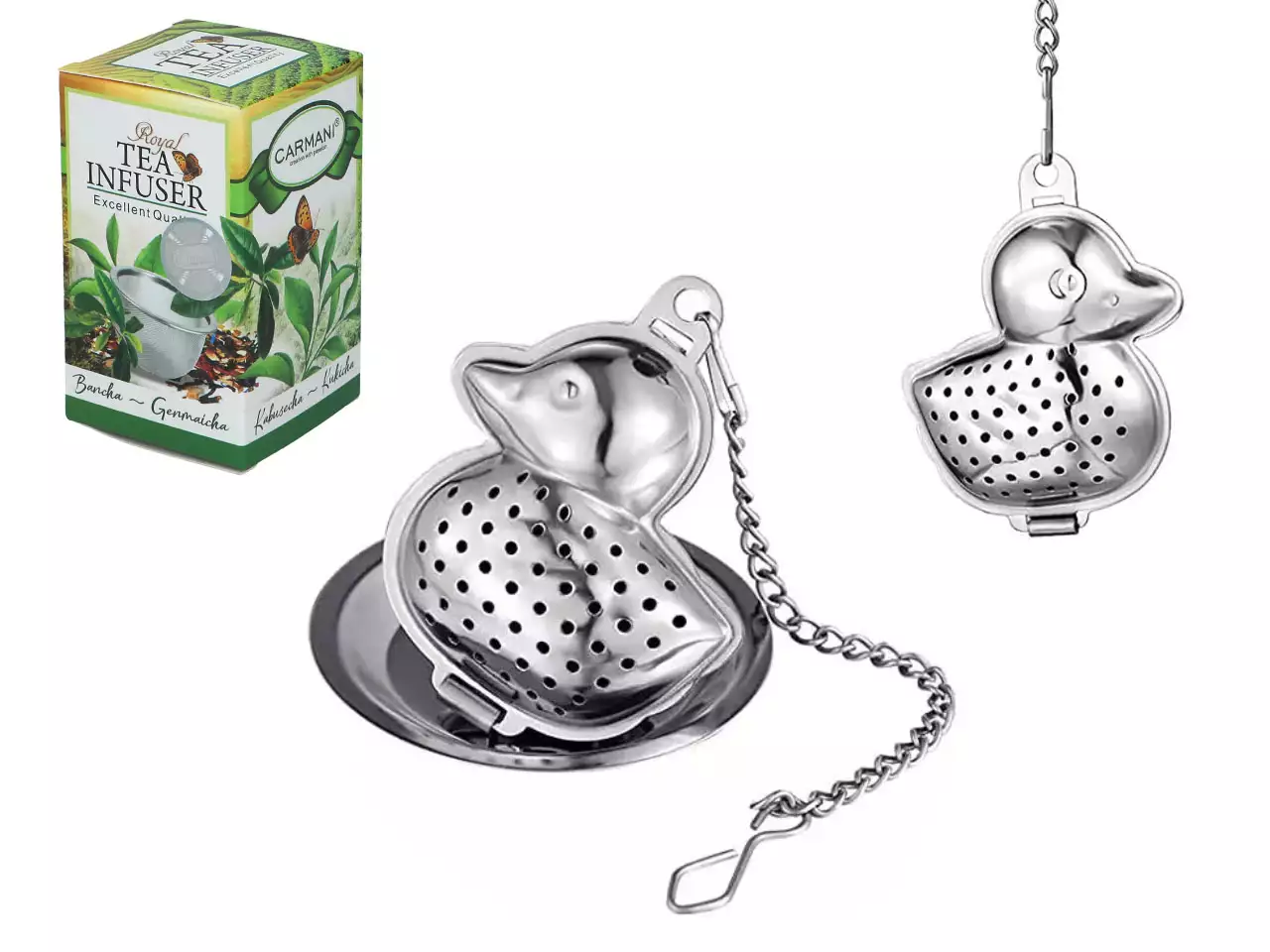 Zaparzacz do herbaty w kształcie kaczuszki ze stali nierdzewnej na podstawce
