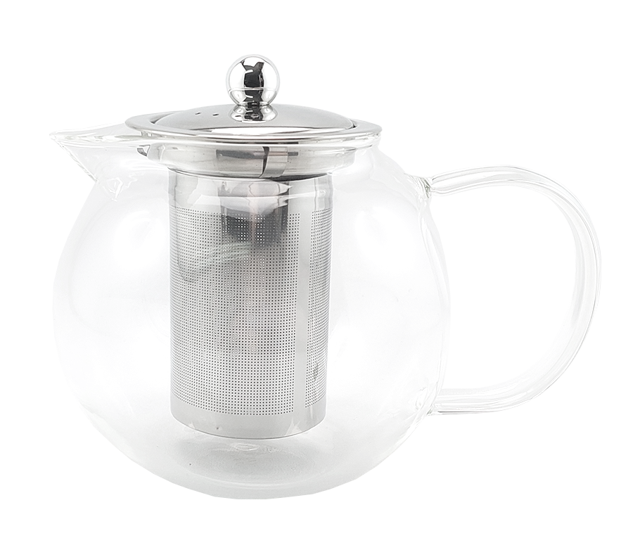 Dzbanek szklany z dużym stalowym zaparzaczem i metalową pokrywką.