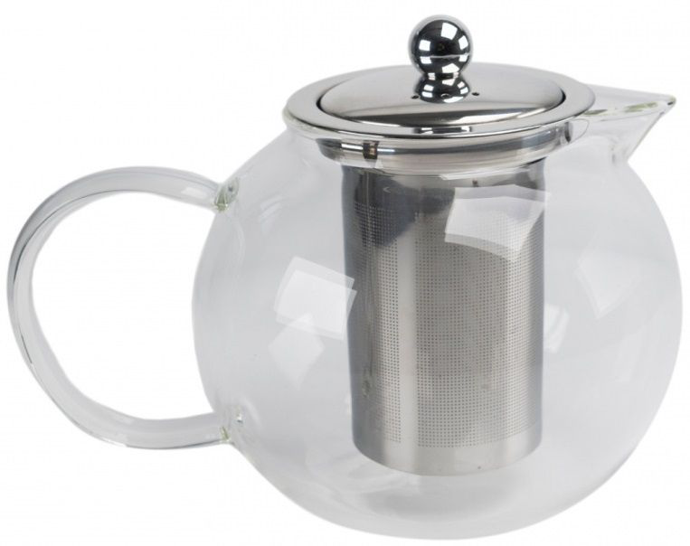 Szklany czajnik z metalowym zaparzaczem i pokrywką, pojemność 1300 ml.