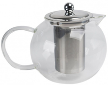 Szklany czajnik z metalowym zaparzaczem i pokrywką, pojemność 1300 ml.