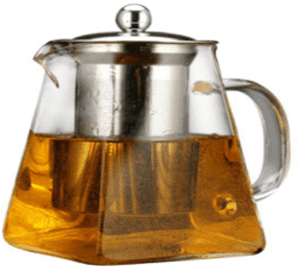 Szklany dzbanek o pojemności 950 ml z metalowym zaparzaczem i pokrywką, wypełniony herbatą