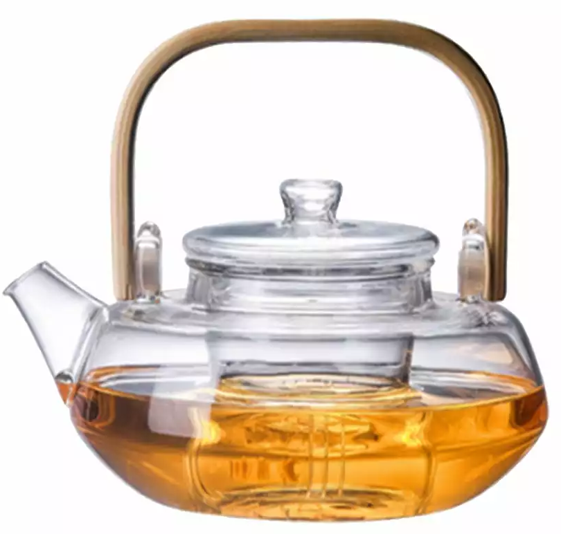 Szklany czajnik z zaparzaczem i drewnianą rączką, pojemność 800 ml.