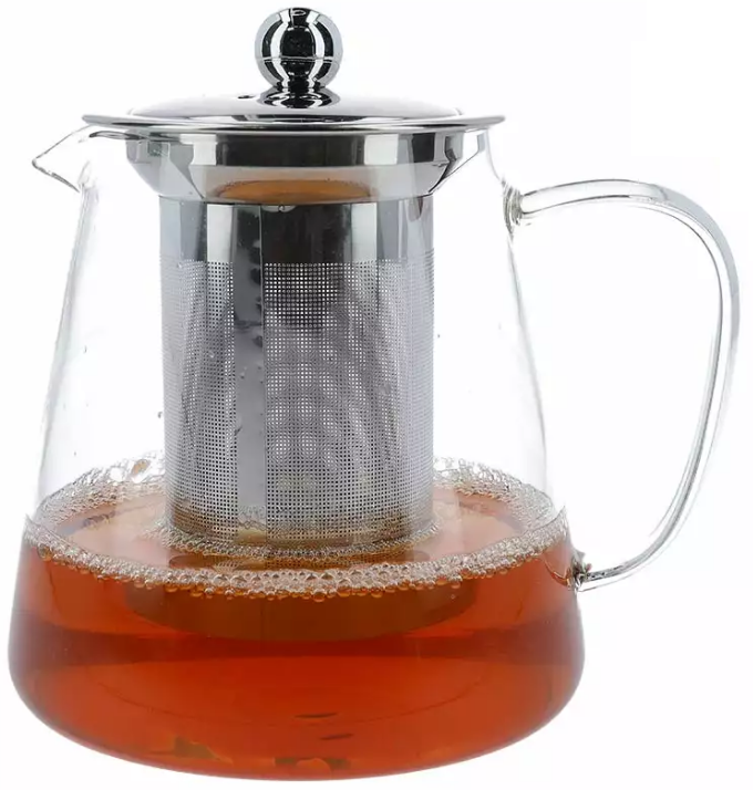 Szklany dzbanek z metalowym zaparzaczem i pokrywką, pojemność 750 ml.