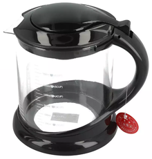 Dzbanek szklany 1800 ml z czarną rączką, widok z zaparzaczem i otwartą pokrywką.
