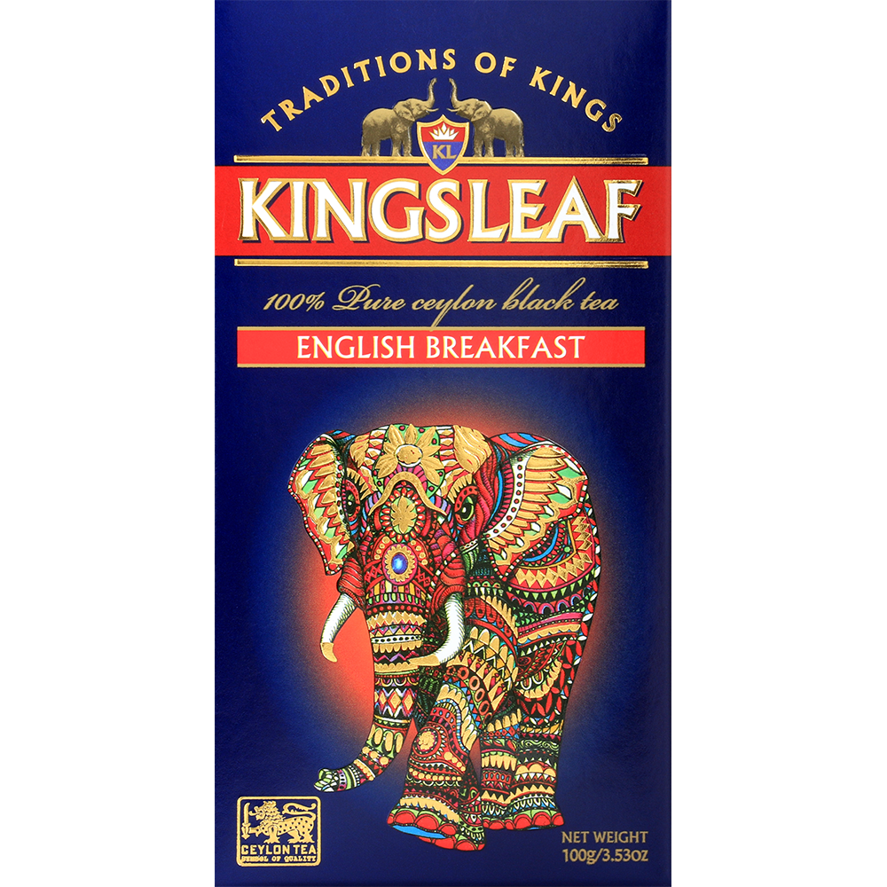 Front opakowania herbaty Kingsleaf English Breakfast z wyraźnym logo i motywem słonia.