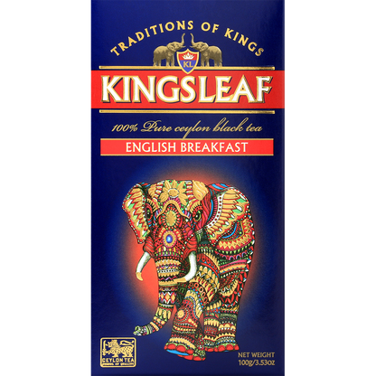 Front opakowania herbaty Kingsleaf English Breakfast z wyraźnym logo i motywem słonia.