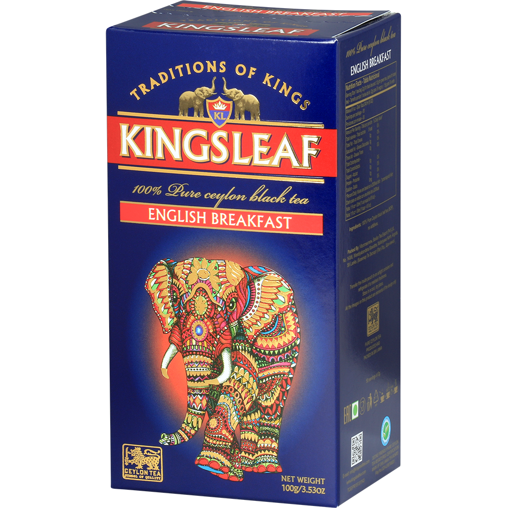 Boczne ujęcie pudełka herbaty Kingsleaf English Breakfast z opisem i certyfikatami jakości.
