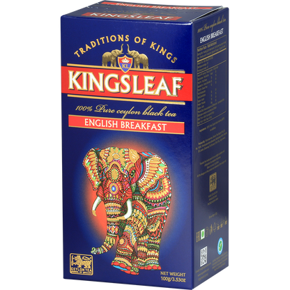 Boczne ujęcie pudełka herbaty Kingsleaf English Breakfast z opisem i certyfikatami jakości.