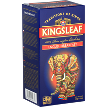 Zbliżenie na eleganckie pudełko herbaty Kingsleaf English Breakfast z kolorowym słoniem.