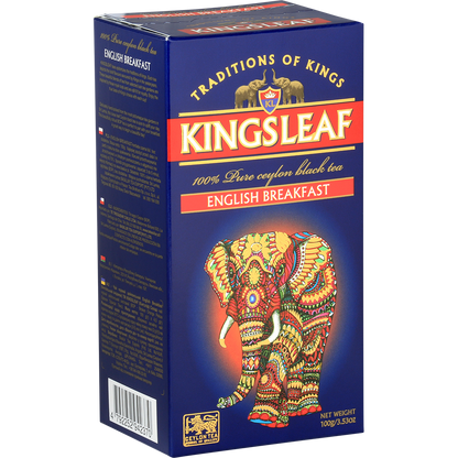 Zbliżenie na eleganckie pudełko herbaty Kingsleaf English Breakfast z kolorowym słoniem.