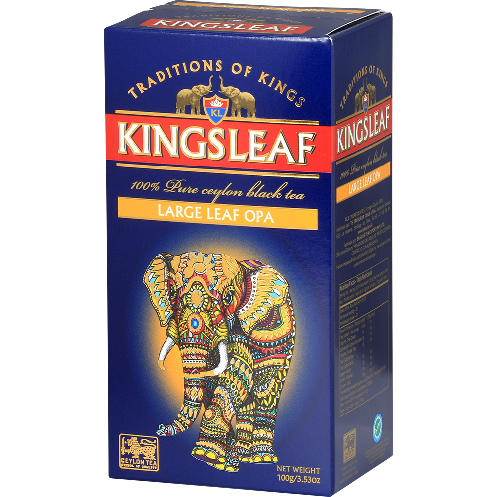 Perspektywiczne zdjęcie opakowania Kingsleaf Large Leaf OPA podkreślające elegancki design.