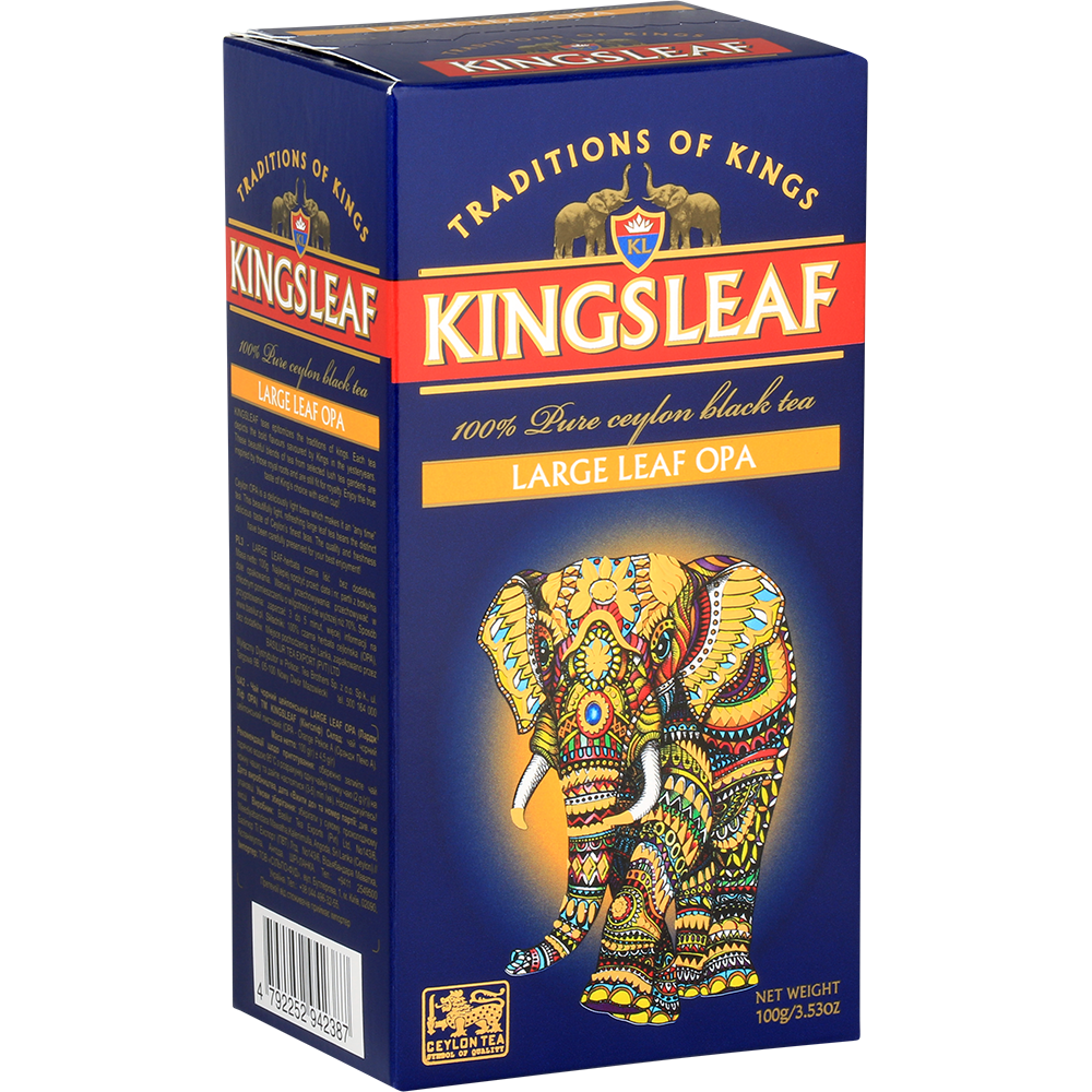 Boczne ujęcie opakowania herbaty Kingsleaf Large Leaf OPA z informacjami o produkcie.