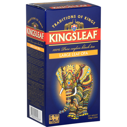 Boczne ujęcie opakowania herbaty Kingsleaf Large Leaf OPA z informacjami o produkcie.