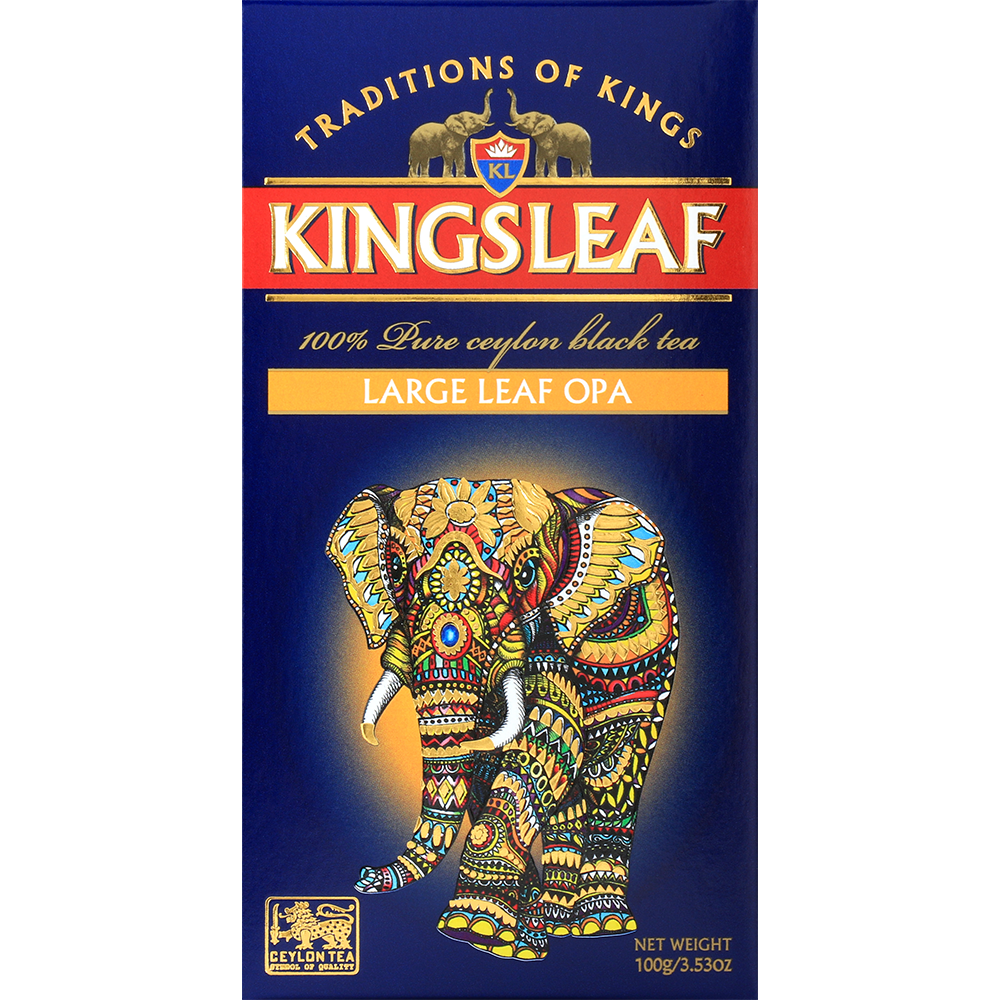 Front pudełka herbaty Kingsleaf Large Leaf OPA z charakterystycznym motywem słonia.