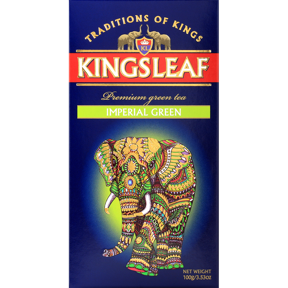 Przód opakowania Kingsleaf Imperial Green – zielona herbata premium z kolorowym motywem słonia.