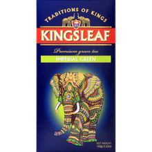 Przód opakowania Kingsleaf Imperial Green – zielona herbata premium z kolorowym motywem słonia.