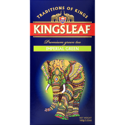 Przód opakowania Kingsleaf Imperial Green – zielona herbata premium z kolorowym motywem słonia.