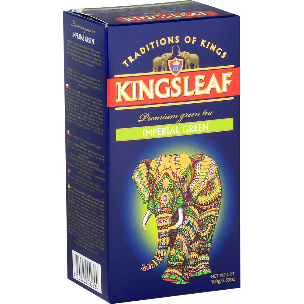 Bok opakowania Kingsleaf Imperial Green – elegancka grafika z kolorowym słoniem symbolizującym tradycję.