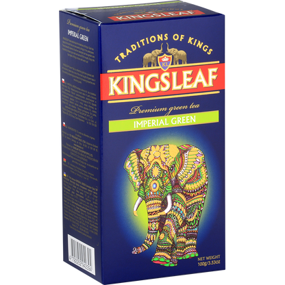 Bok opakowania Kingsleaf Imperial Green – elegancka grafika z kolorowym słoniem symbolizującym tradycję.