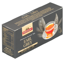 Opakowanie czarnej herbaty Kingsleaf Earl Grey, 25 saszetek, ułożone poziomo i pokazane z przodu oraz z boku