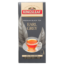 Front opakowania czarnej herbaty Kingsleaf Earl Grey, 25 saszetek, z grafiką filiżanki naparu