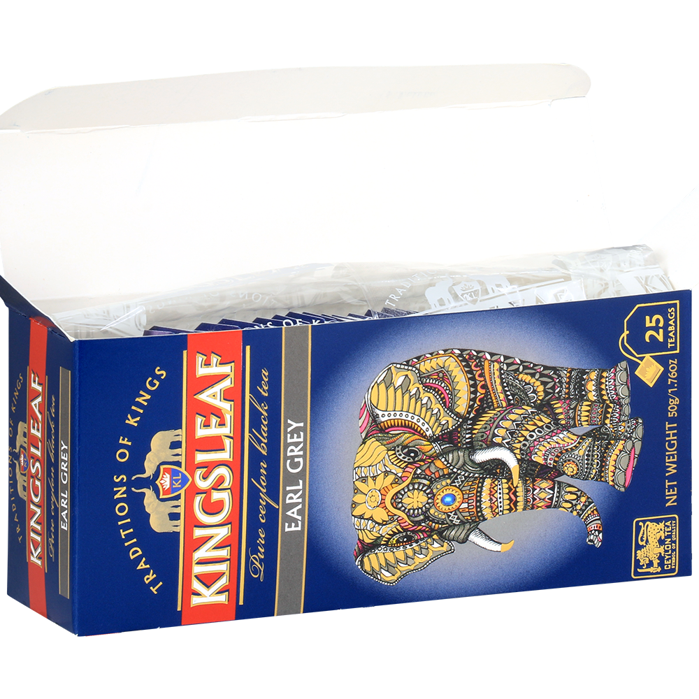 Otwarte pudełko Kingsleaf Earl Grey z 25 saszetkami aromatycznej czarnej herbaty.