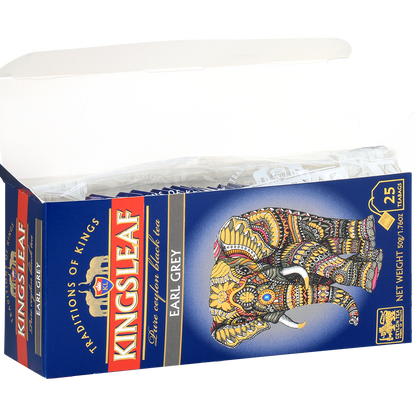 Otwarte pudełko Kingsleaf Earl Grey z 25 saszetkami aromatycznej czarnej herbaty.