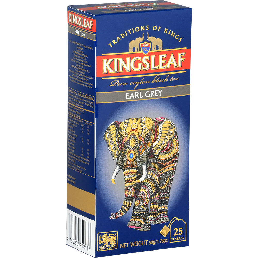 Opakowanie herbaty Kingsleaf Earl Grey wraz z pojedynczą saszetką herbaty.