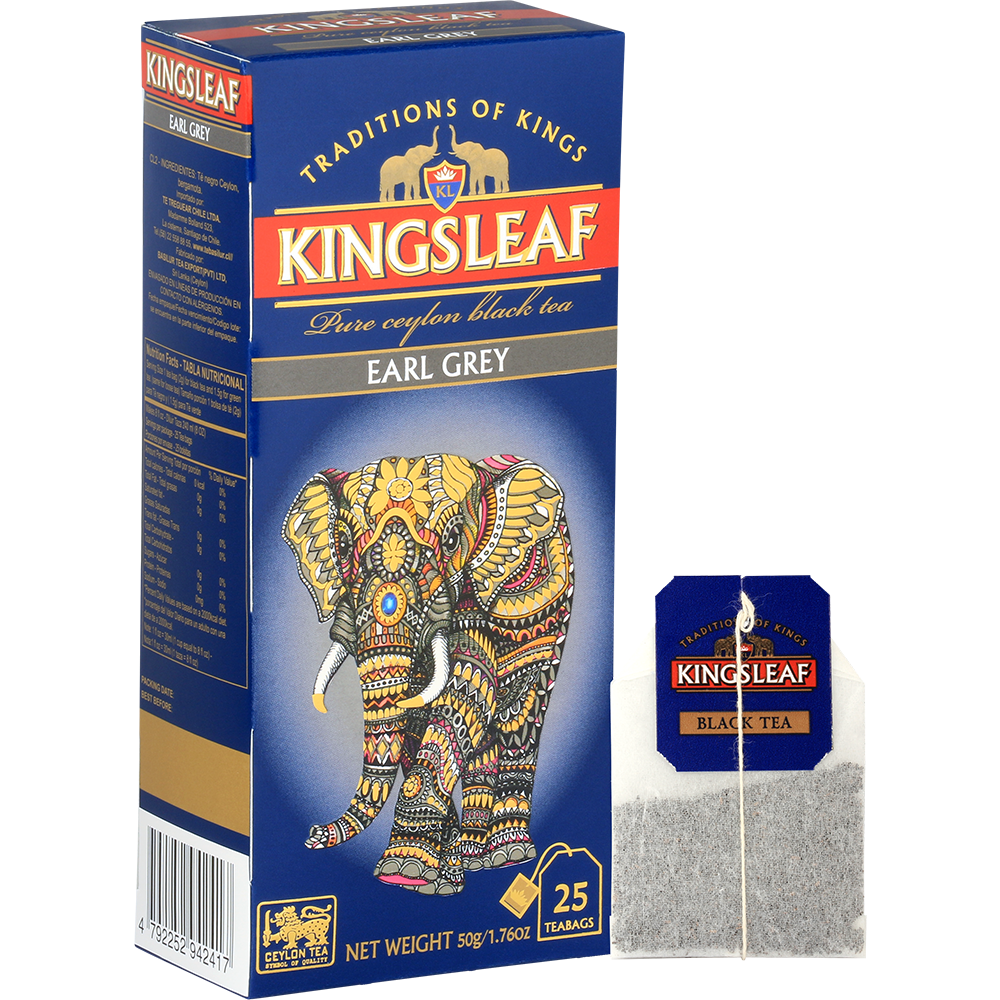 Opakowanie herbaty Kingsleaf Earl Grey wraz z pojedynczą saszetką herbaty.