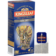 Opakowanie herbaty Kingsleaf Earl Grey wraz z pojedynczą saszetką herbaty.