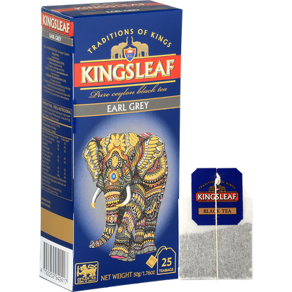 Opakowanie herbaty Kingsleaf Earl Grey wraz z pojedynczą saszetką herbaty.