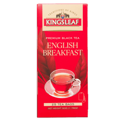 Herbata czarna Kingsleaf English Breakfast 25 torebek, 50 g, front czerwonego opakowania z logo Kingsleaf i filiżanką herbaty.
