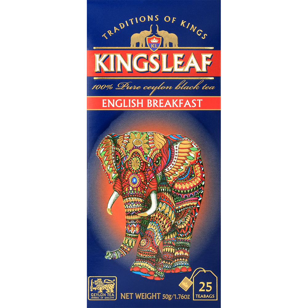 Front pudełka herbaty Kingsleaf English Breakfast z kolorowym słoniem i logo marki.