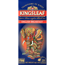 Front pudełka herbaty Kingsleaf English Breakfast z kolorowym słoniem i logo marki.