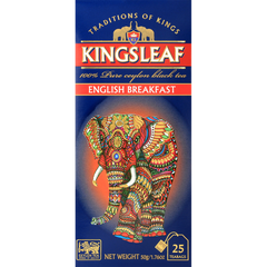 Front pudełka herbaty Kingsleaf English Breakfast z kolorowym słoniem i logo marki.