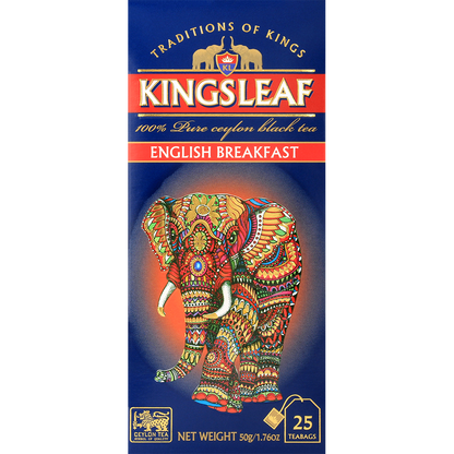 Front pudełka herbaty Kingsleaf English Breakfast z kolorowym słoniem i logo marki.