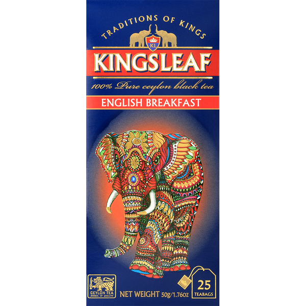 Front pudełka herbaty Kingsleaf English Breakfast z kolorowym słoniem i logo marki.