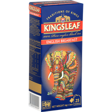 Boczne ujęcie pudełka herbaty Kingsleaf English Breakfast z informacjami o produkcie.