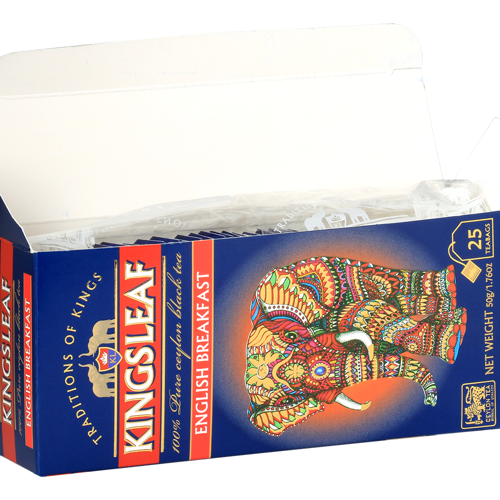 Otwarte pudełko herbaty Kingsleaf English Breakfast z 25 klasycznymi torebkami.